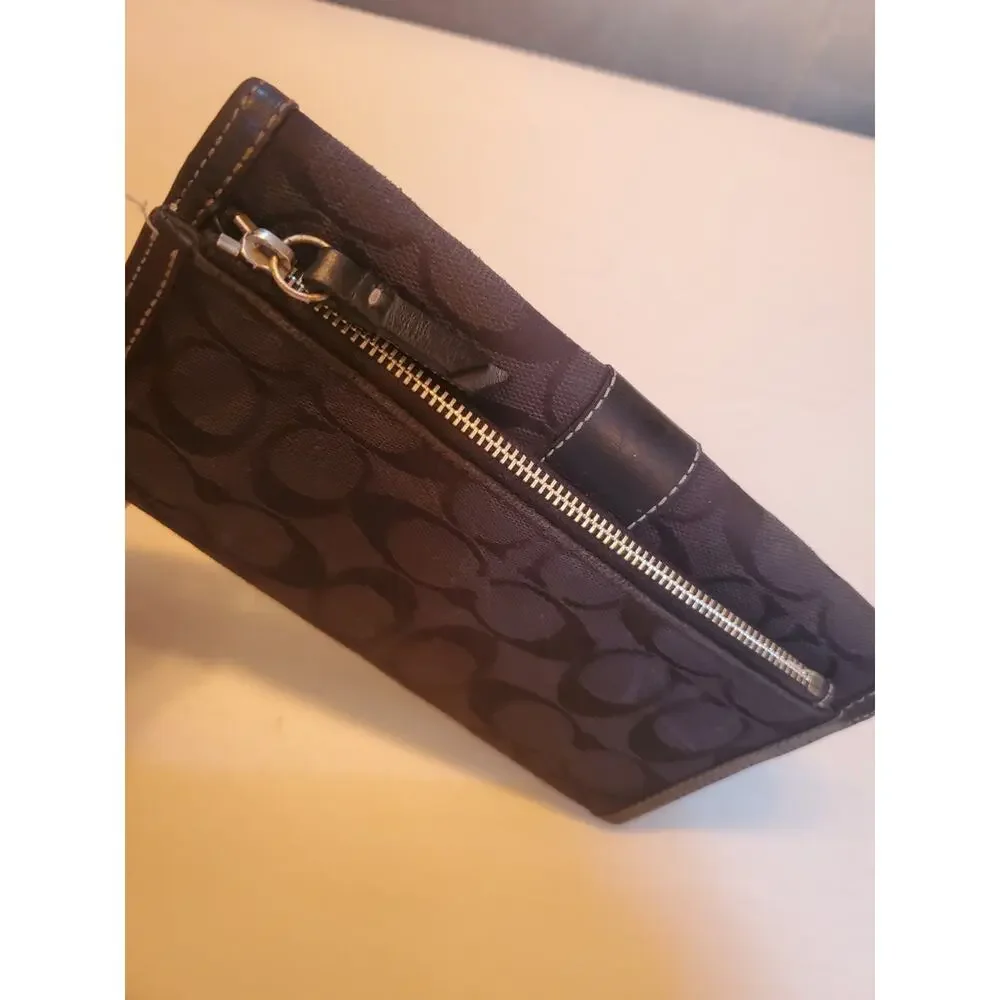 Coach Black Signature And Leather Trifold Wallet